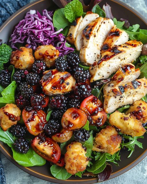 Blackberry balsamic grilled chicken salad with crispy fried goat cheese