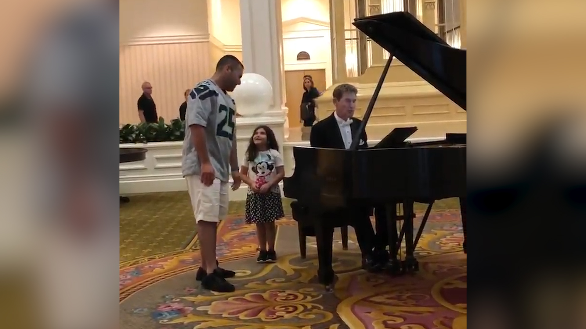 The daughter asked the pianist to play, and the father started to sing.